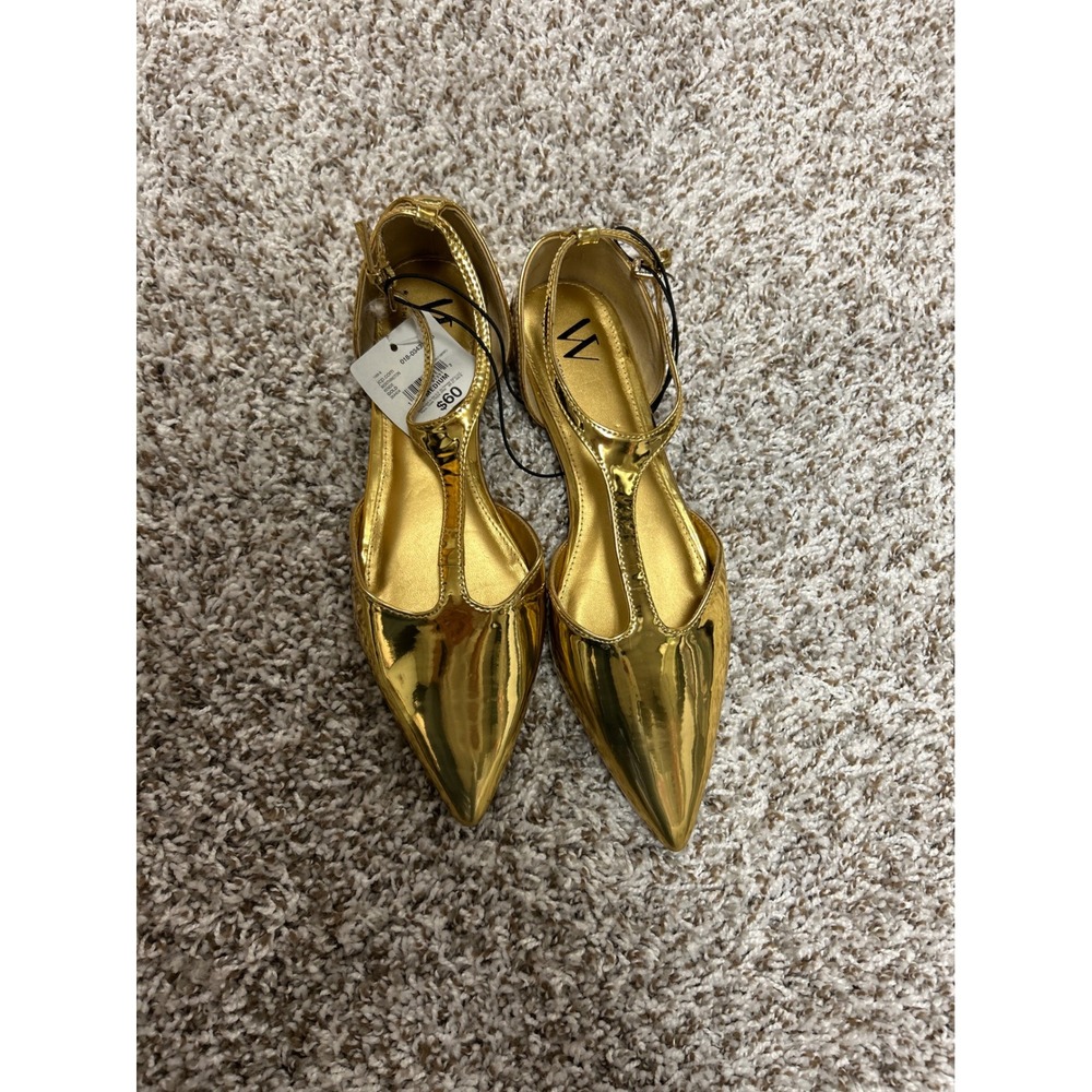 Worthington Gold Metallic Pointed Toe T-Strap Flats Ankle Strap Size 8 NEW